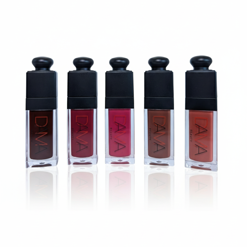 Set of five lip glosses with black caps on a white background