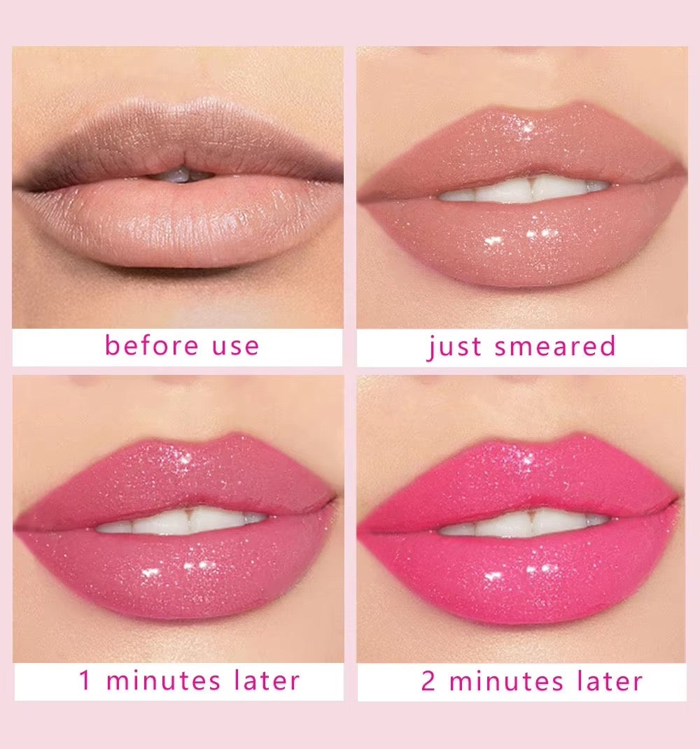 Lipstick application process showing 'before use', 'just smeared', '1 minute later', and '2 minutes later' on a pink background.