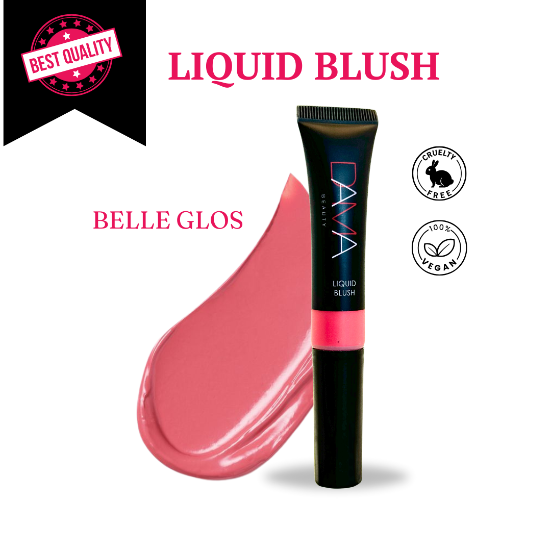 DAMA liquid blush with a pink swatch and branding on a white background