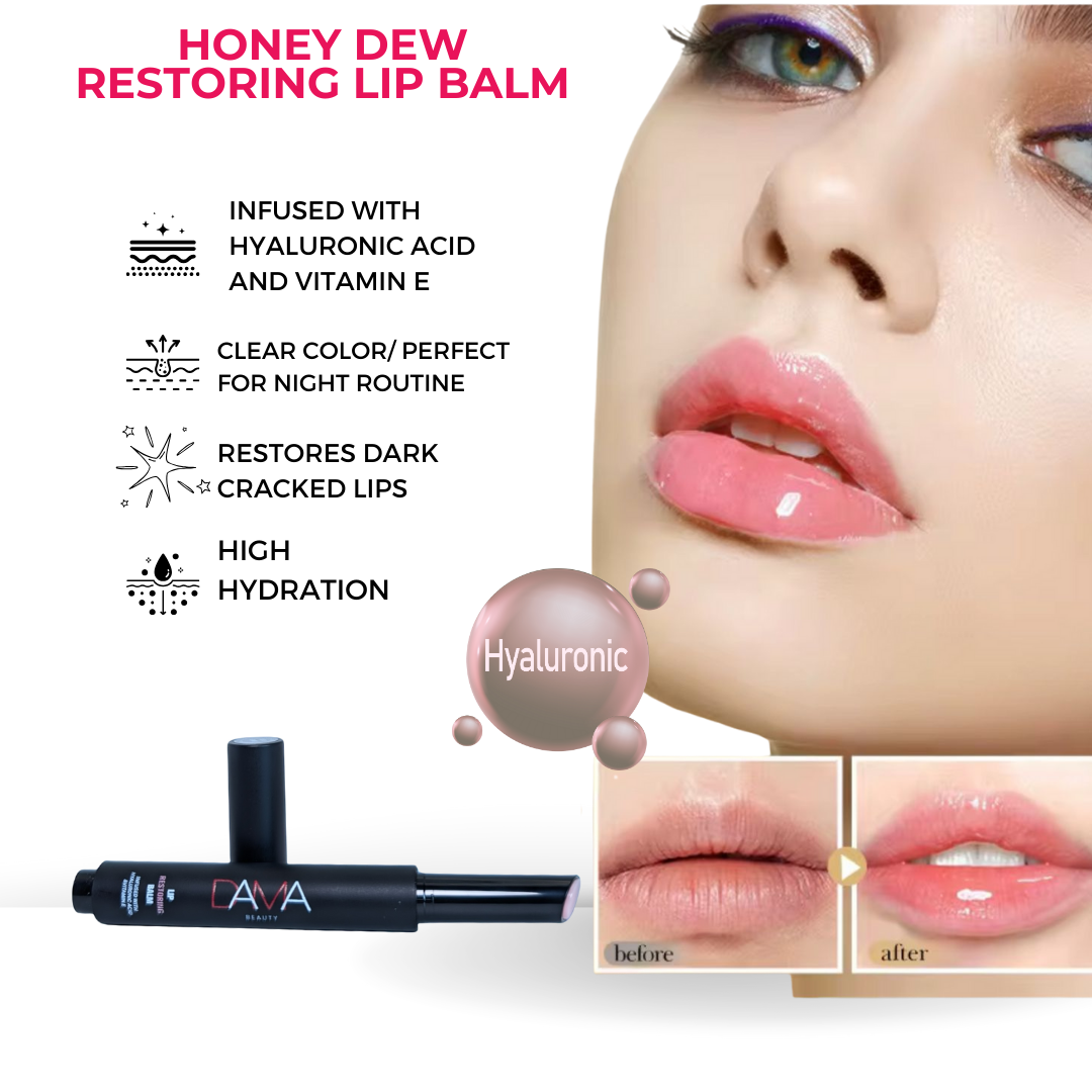 Honey Dew Restoring Lip Balm with product and before/after effects on lips.