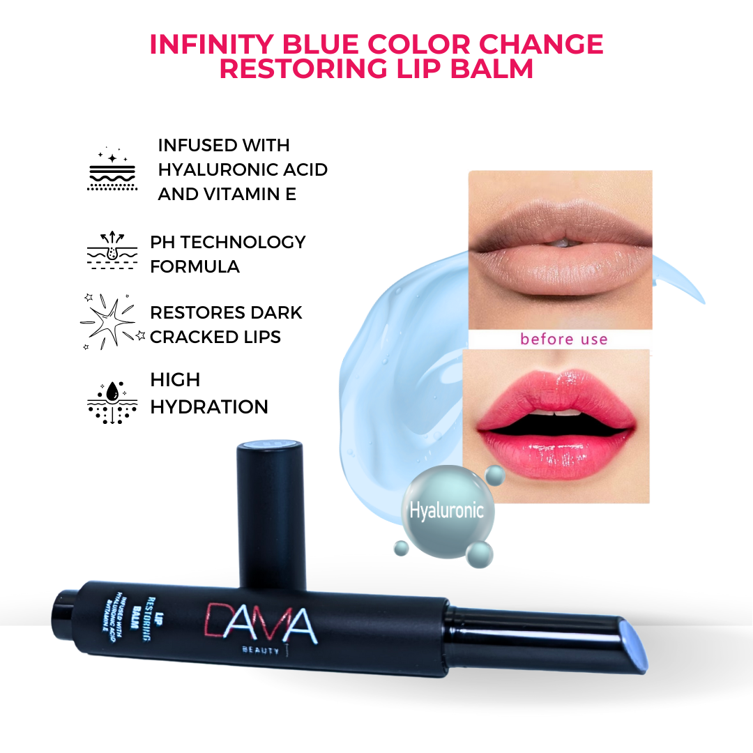 Lip balm with blue color change, DAMA Beauty branding, and product features on a white background.