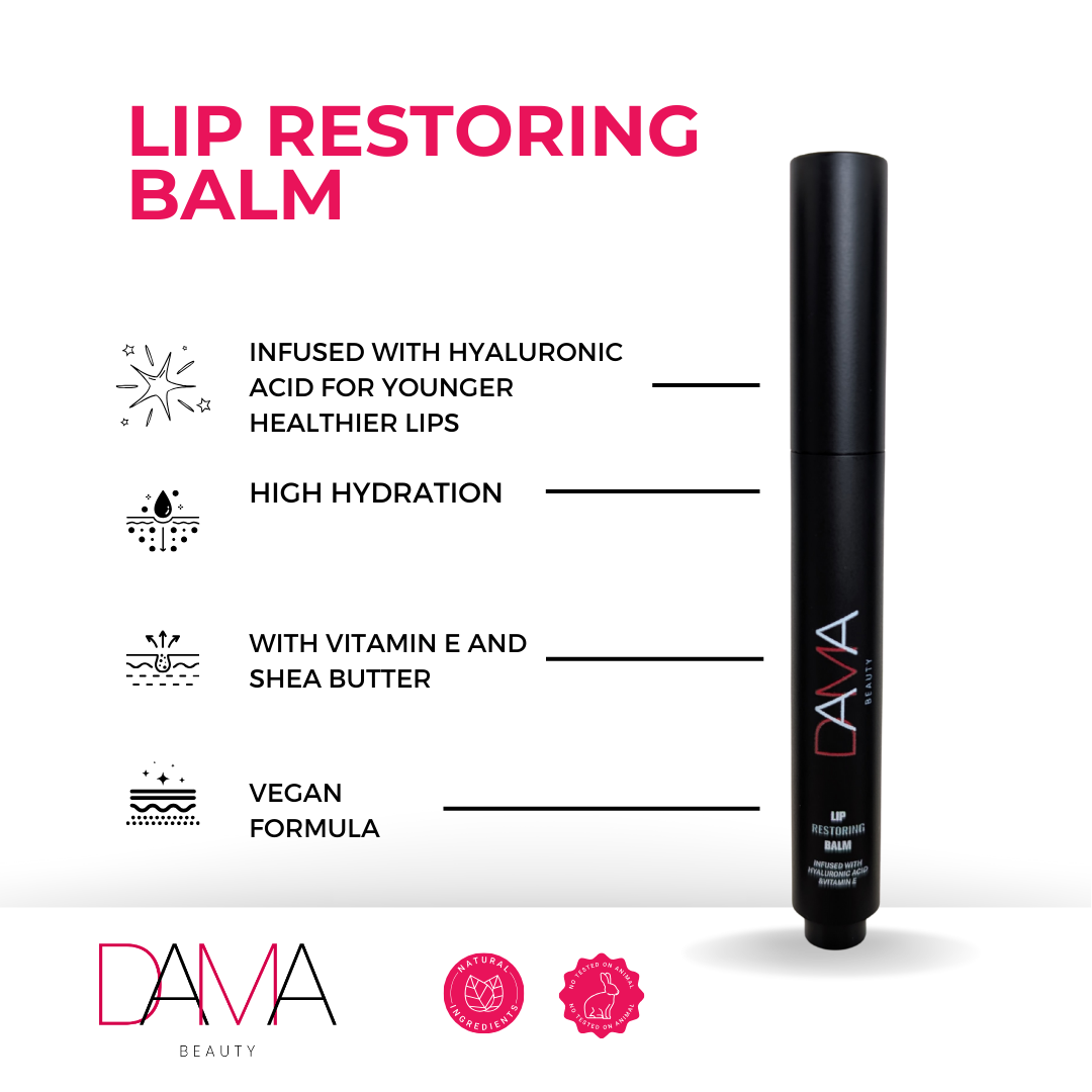 Lip restoring balm with features listed on a white background