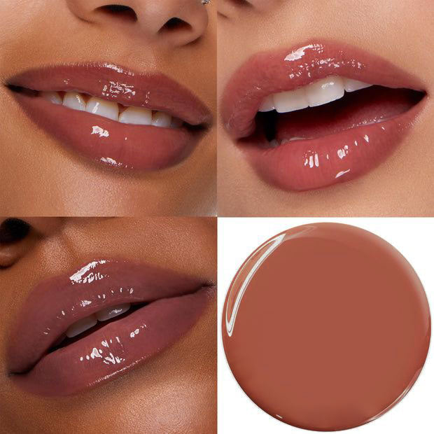 Collage of close-up shots of lips wearing a glossy lip color with a color swatch.