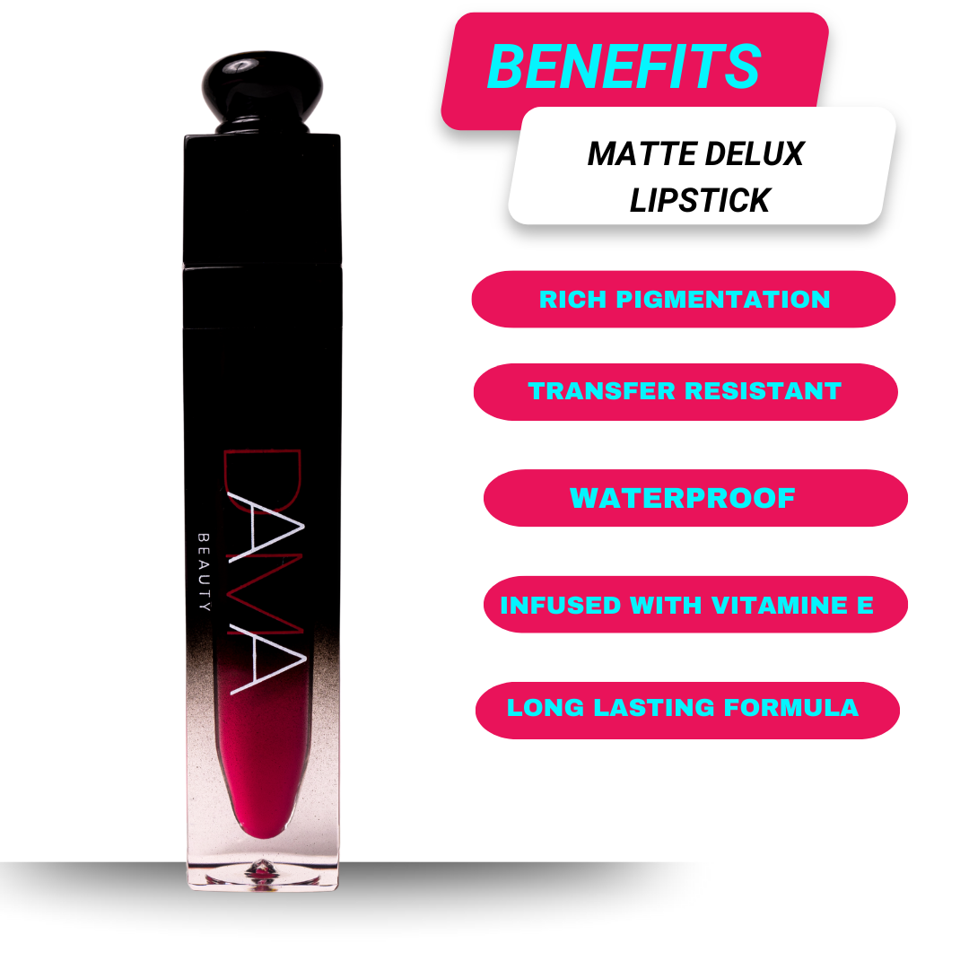 Dama Beauty Matte Deluxe Lipstick with benefits listed on a white background