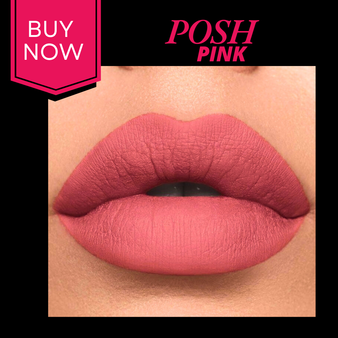 Close-up of pink lipstick on lips with 'POSH PINK' and 'BUY NOW' text.
