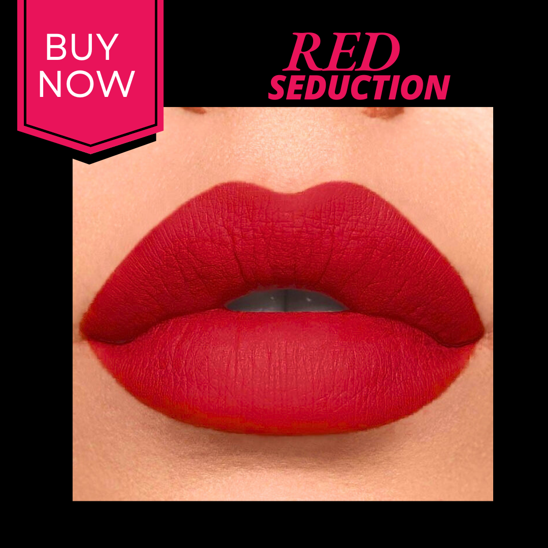 Close-up of red lipstick on lips with 'Red Seduction' text and 'Buy Now' button.