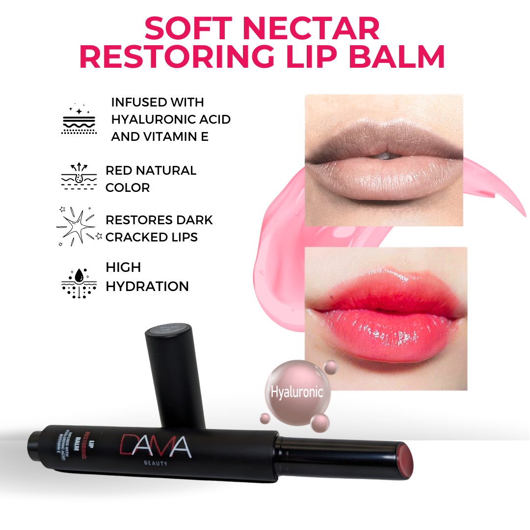 Lip balm product with text highlighting features on a white background