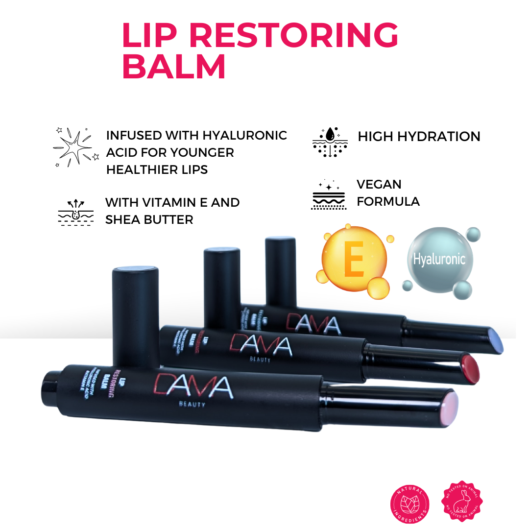Lip restoring balm with product packaging and branding on a white background