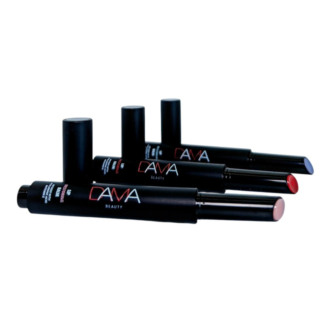Set of black lipsticks with 'DAMA' branding on a white background