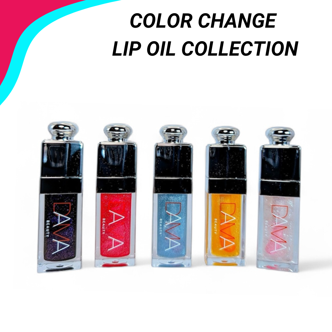 Five lip oil bottles with color-changing effect on a white background, labeled 'Color Change Lip Oil Collection'.
