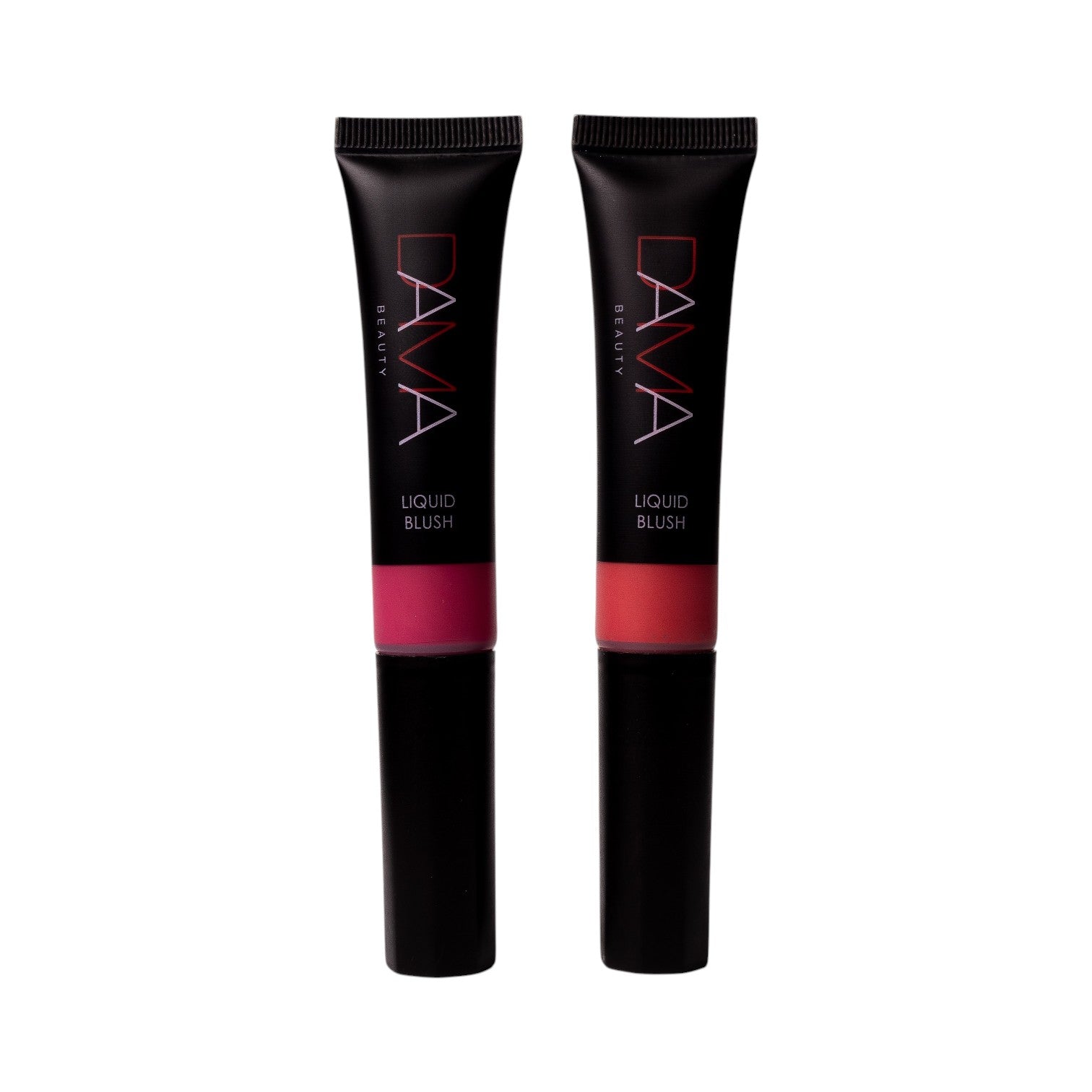 Two black tubes of DAMA Beauty liquid blush on a white background