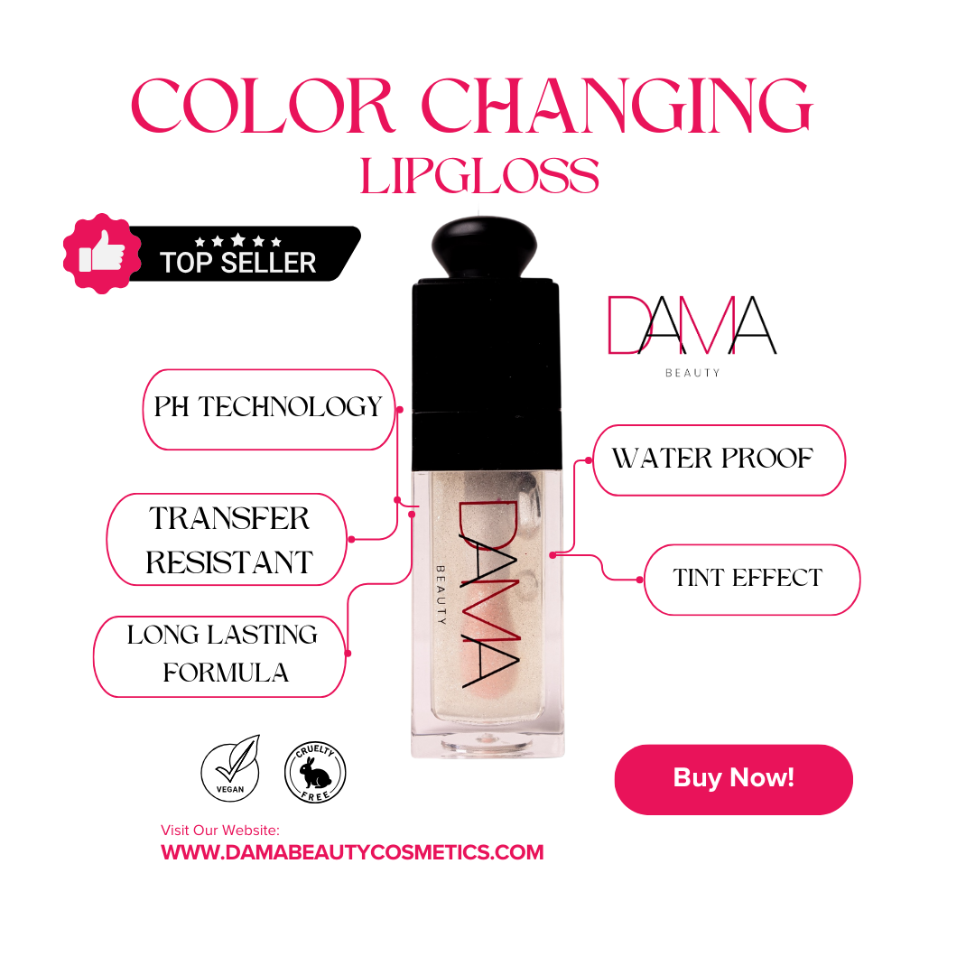 Advertisement for Dama Beauty color-changing lip gloss with product features and a 'Buy Now' button.
