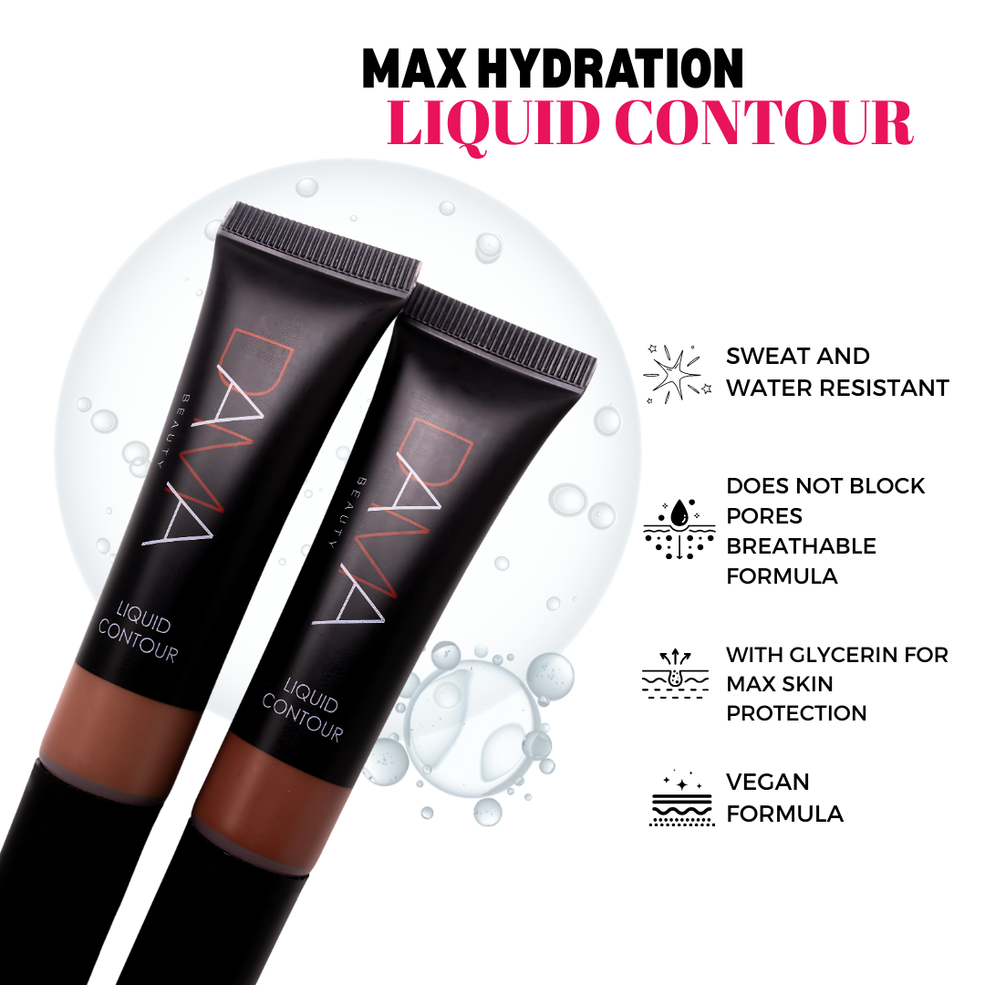 Two tubes of Max Hydration Liquid Contour with product features listed on a white background.