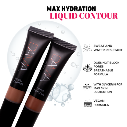 Two tubes of Max Hydration Liquid Contour with product features listed on a white background.