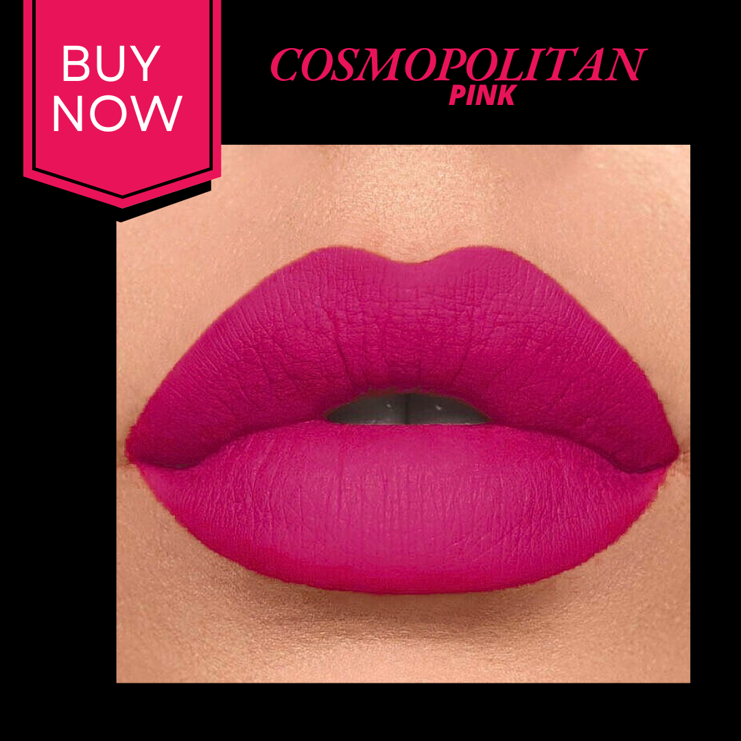 Lipstick with 'Cosmopolitan Pink' shade on a close-up of lips, 'Buy Now' text in pink box.