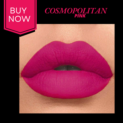 Lipstick with 'Cosmopolitan Pink' shade on a close-up of lips, 'Buy Now' text in pink box.