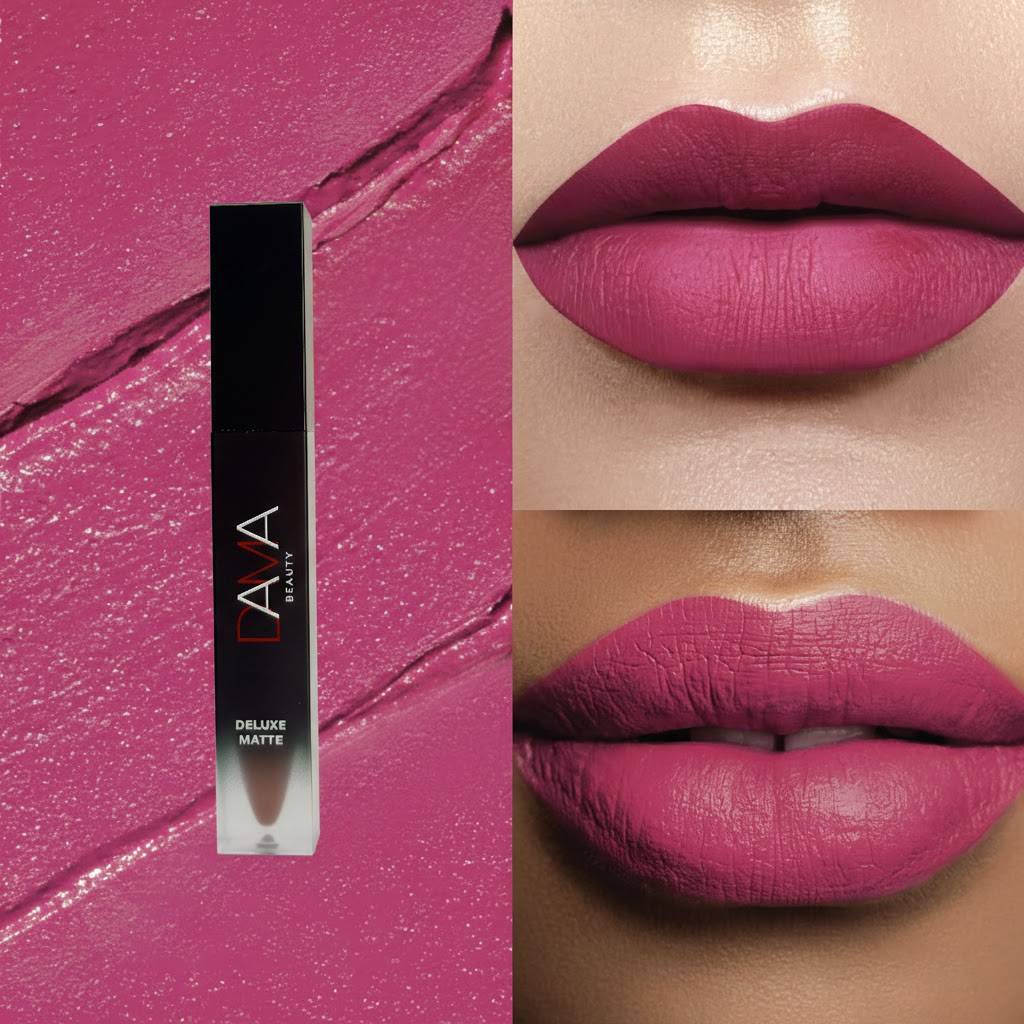 Lipstick with packaging and close-up of lips wearing the lipstick on a pink background