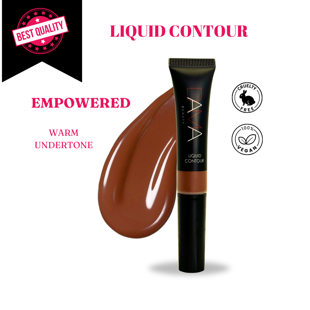 Liquid contour product with brown color swatch and branding on a white background