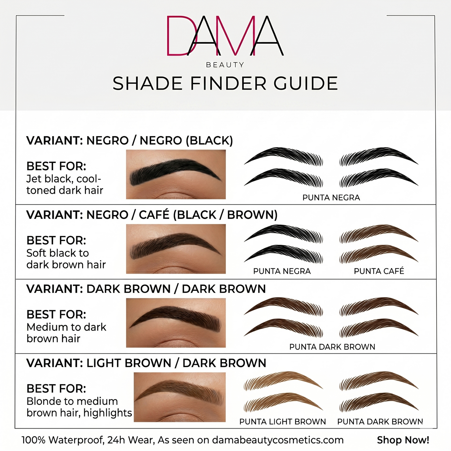 Dama Beauty shade finder guide for eyebrow products with color swatches and hair type recommendations.