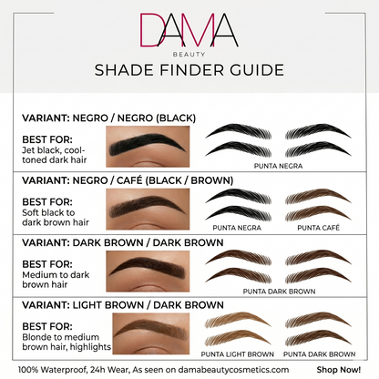 Dama Beauty shade finder guide for eyebrow products with color swatches and hair type recommendations.
