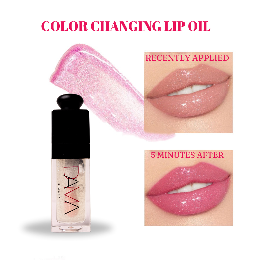Color-changing lip oil with application before and after effect on lips, featuring the brand 'DaMa Beauty'.