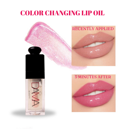 Color-changing lip oil with application before and after effect on lips, featuring the brand 'DaMa Beauty'.