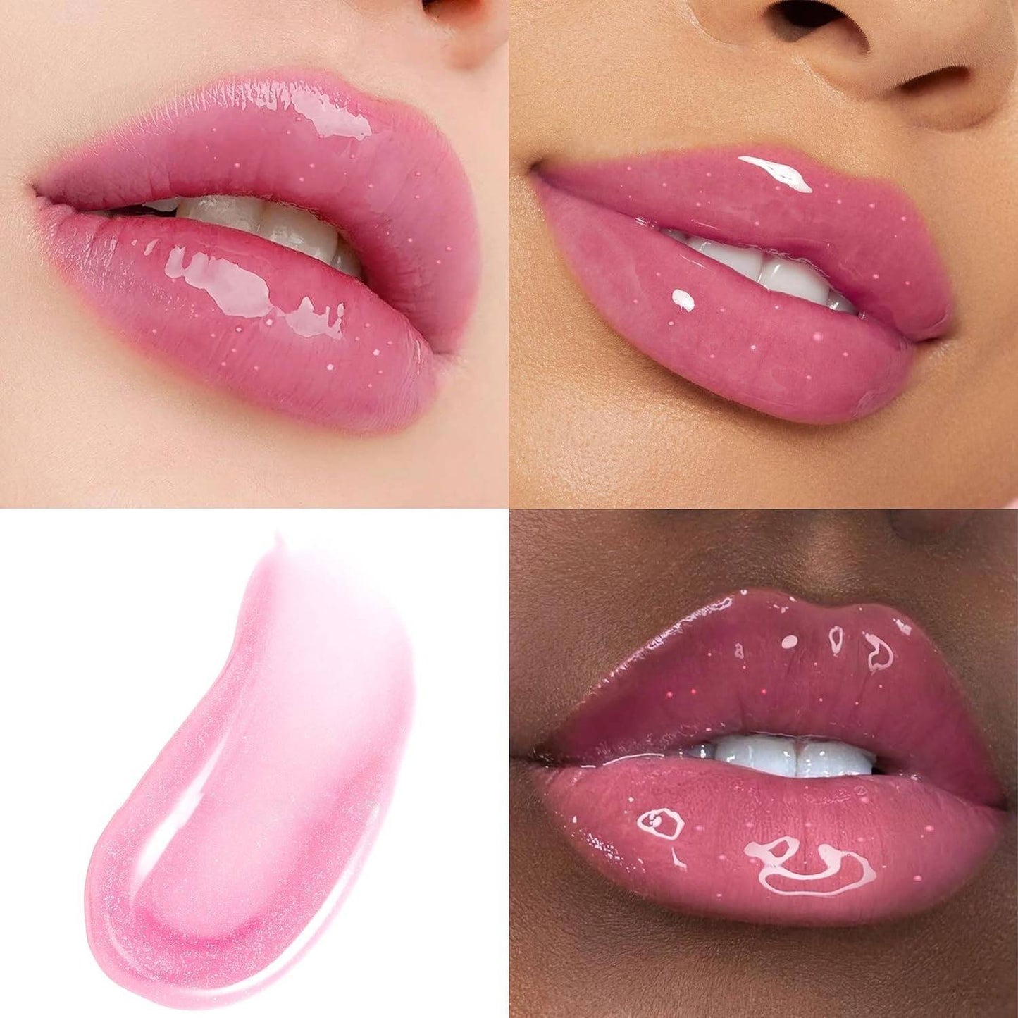 Close-up of glossy pink lipstick on different skin tones with a swatch.