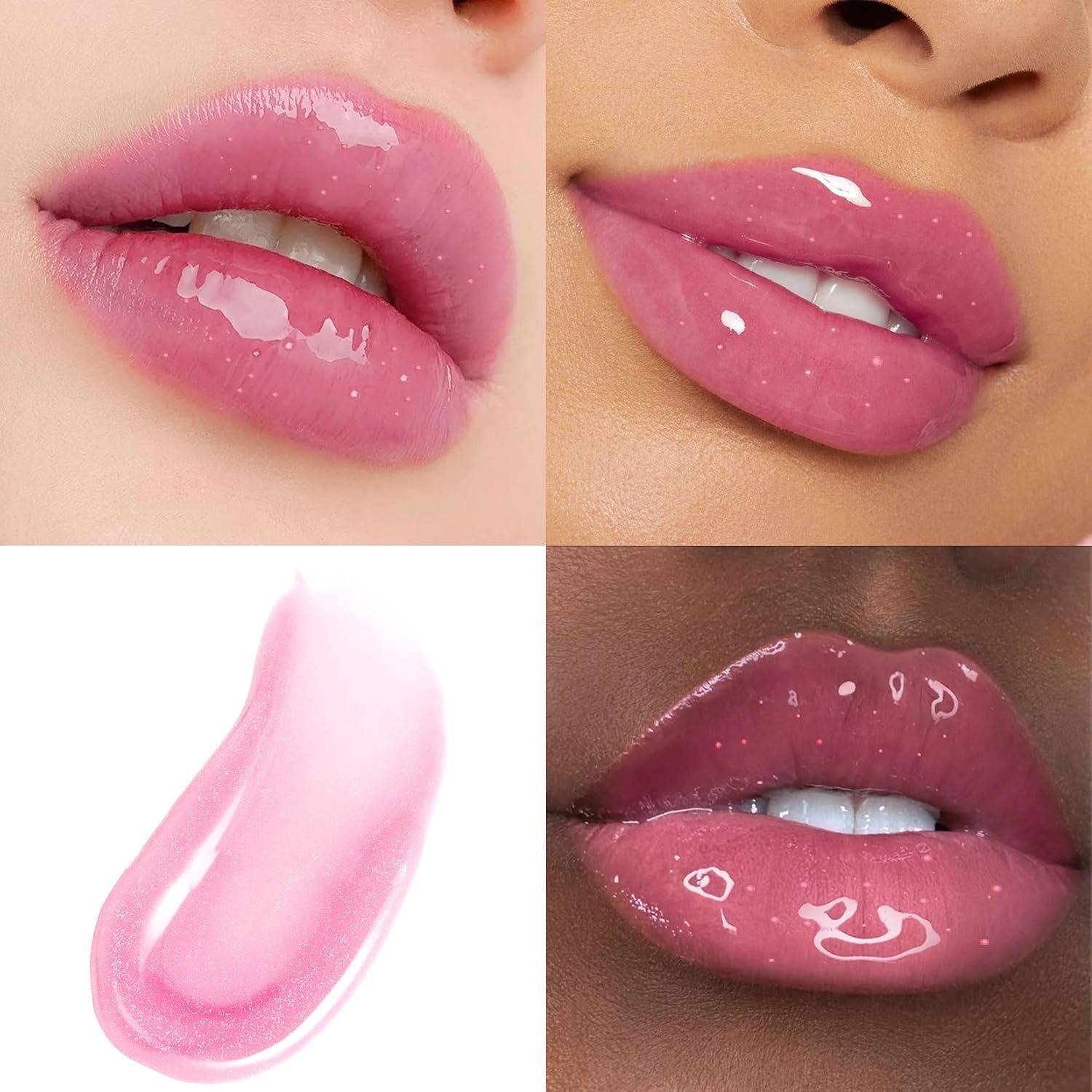 Close-up of glossy pink lipstick on different skin tones with a swatch.
