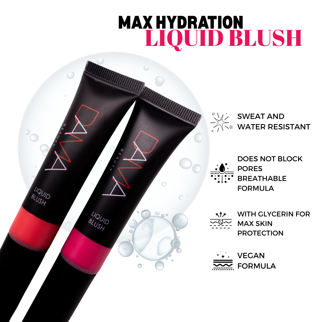 Two tubes of Max Hydration Liquid Blush with product features listed on a white background.