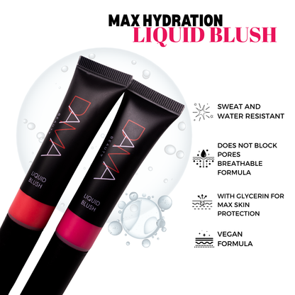 Two tubes of Max Hydration Liquid Blush with product features listed on a white background.