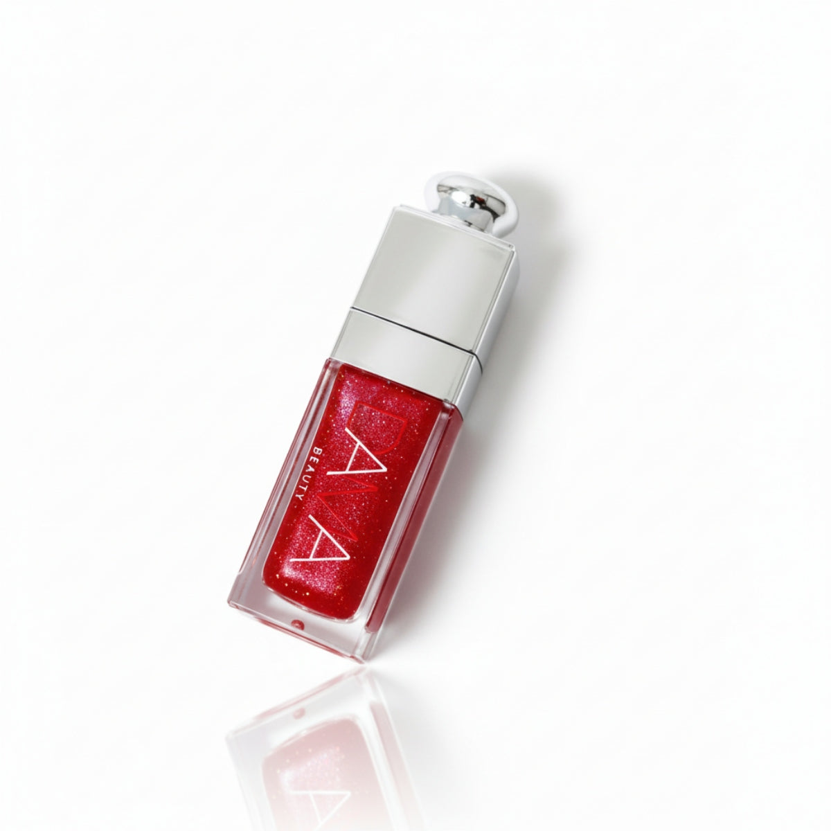 Red lip oil with silver cap on a white background