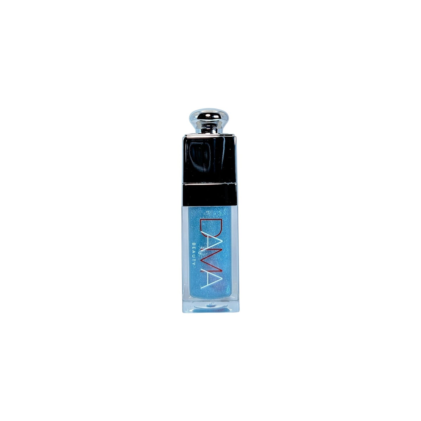 Blue lip oil with black cap on a white background