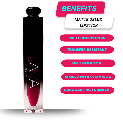 Dama Beauty Matte Deluxe Lipstick with benefits listed on a white background
