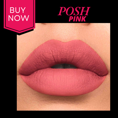 Close-up of pink lipstick on lips with 'POSH PINK' and 'BUY NOW' text.
