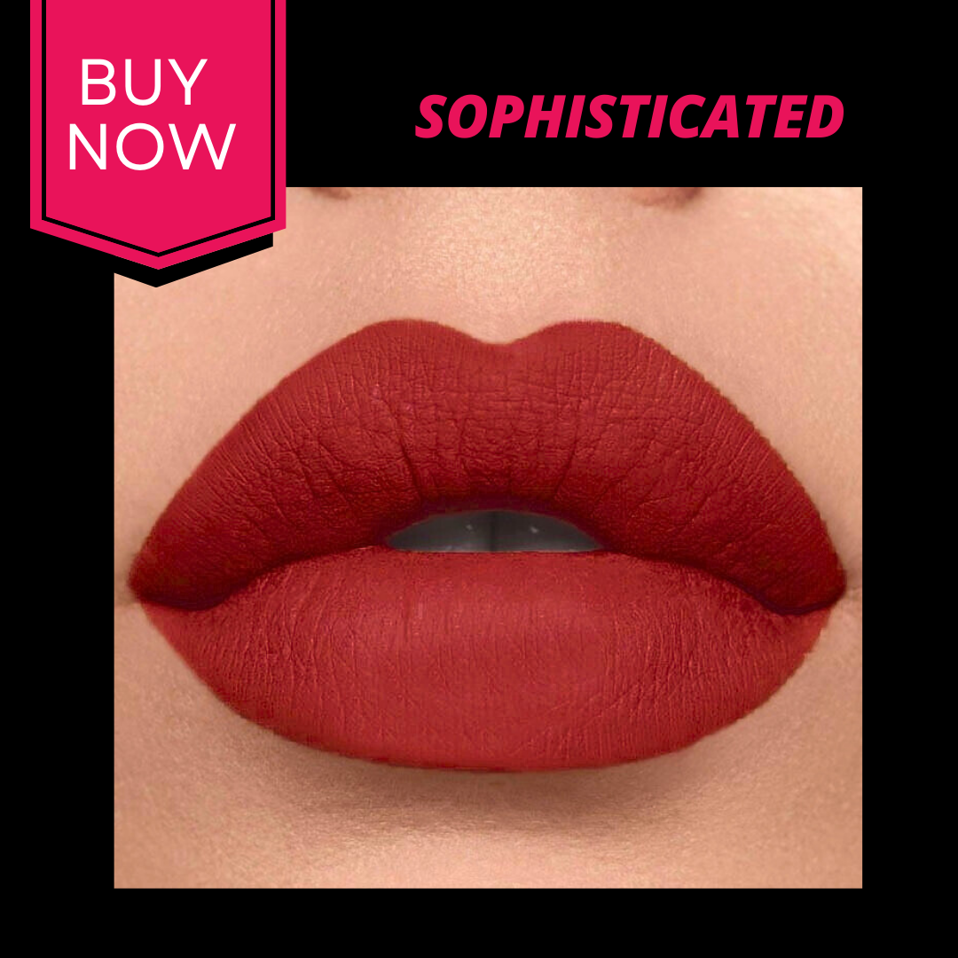 Close-up of red lipstick on lips with 'Buy Now' and 'Sophisticated' text.