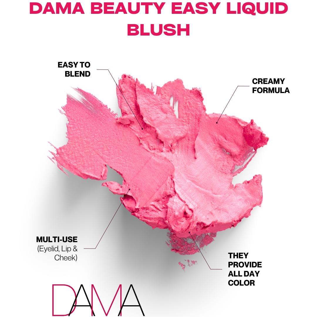 Pink liquid blush with text highlighting features on a white background
