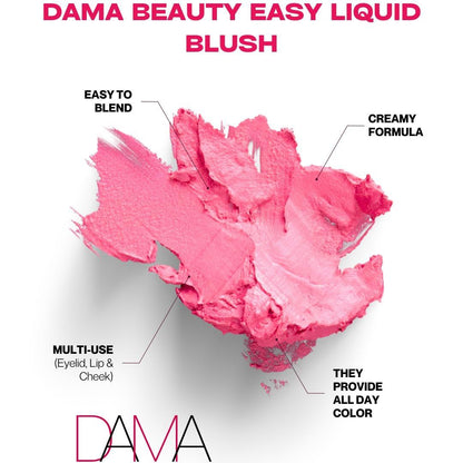 Pink liquid blush with text highlighting features on a white background